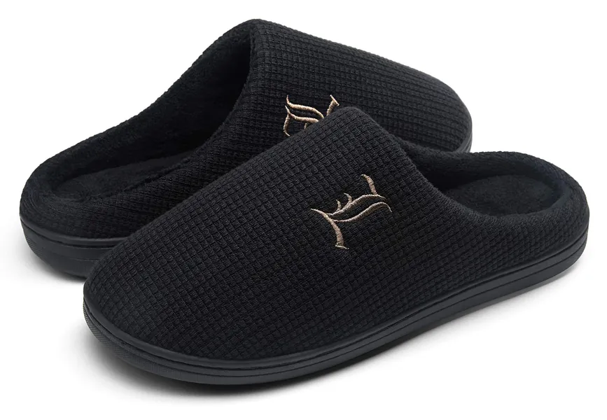 Jousen Men's Slippers Memory Foam with Warm Fuzzy Plush Indoor Outdoor House Slippers for Men - 7-8 All Black-amy202