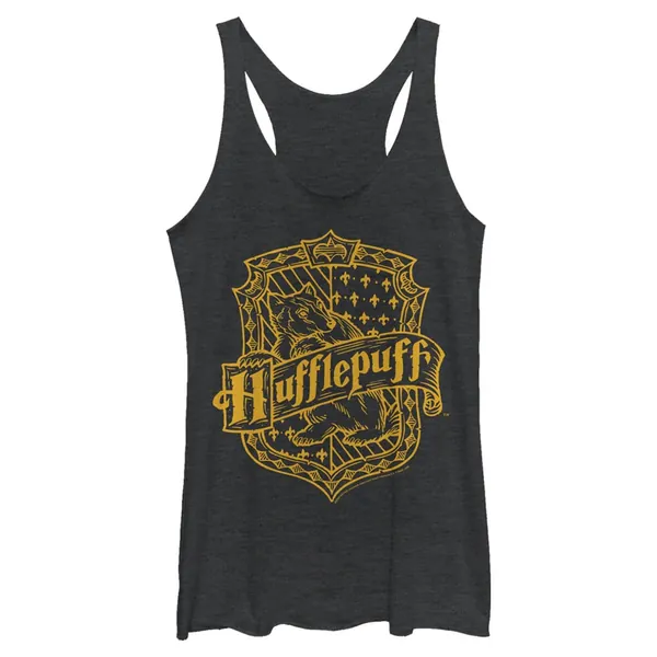 Harry Potter Sorcerer's Stone Hufflepuff Crest Women's Fast Fashion Racerback Tank Top - X-Large Black Heather