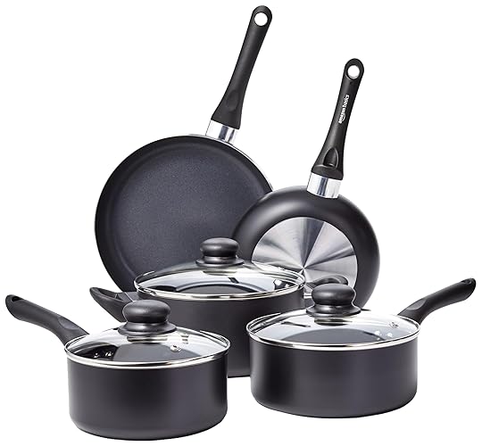 Amazon Basics Non Stick 8-Piece Kitchen Cookware Set, Includes Pots and Pans, Black - 8-Piece Set, Non-Induction