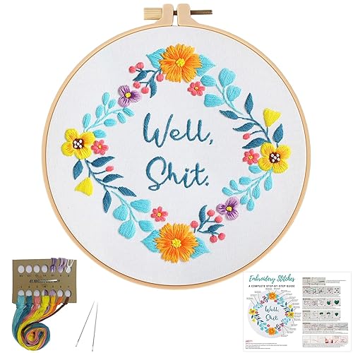 Louise Maelys Funny Embroidery Kit for Beginners,Adults Cross Stitch Kits with Flower Wreath Pattern,Needlepoint for Starters Including Cloth,Hoop,Instruction and Threads - Pattern 19