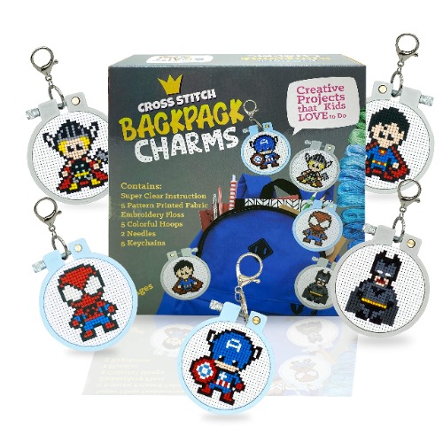5 Stamped Superhero Cross Stitch Beginner Projects for Kids Needlepoint Starter kit Sewing Set for Backpack Charms… - 