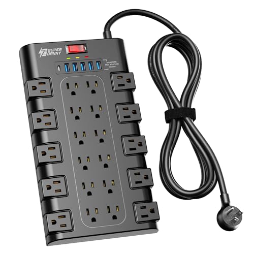 Power Strip, SUPERDANNY Surge Protector with 22 AC Outlets and 6 USB Charging Ports, 1875W/15A, 2100 Joules, 6.5Ft Flat Plug Heavy Duty Extension Cord for Home, Office, Dorm, Gaming Room, Black - 6.5 ft - Black