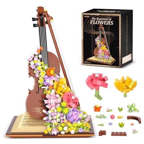 QIFUN Violin Flowers Building Blocks Sets for Adult, Centerpieces Mini Bricks Flower Bouquet Collection Crafts for Valentines Day Gifts Table Art, Artificial Flowers Home Décor (950 PCS) - Colorful Violin