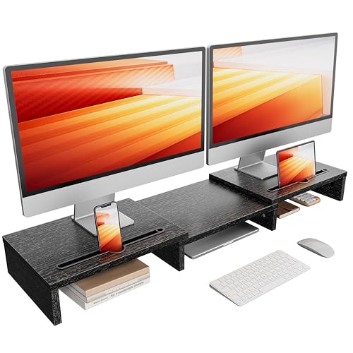 LORYERGO Dual Monitor Stand for Desk, Monitor Stand with 2 Slots for Phone and Tablet, Dual Monitor Riser with Length and Angle Adjustable, Computer Stand for Monitor, Laptop, Tablet (Black) - Black