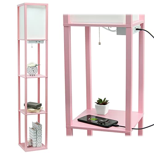 Simple Designs LF1037-LPK Floor Lamp Etagere Organizer Storage Shelf with 2 USB Charging Ports, 1 Charging Outlet and Linen Shade, Light Pink - Light Pink