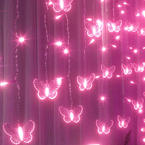 Curtain Butterfly String Light 20Ft 120LED Window USB Fairy Lights 24 Butterfly 8 Modes with Remote Control for Room Bedroom Patio Party Wedding Holiday Christmas Decoration (Pink) - Pink