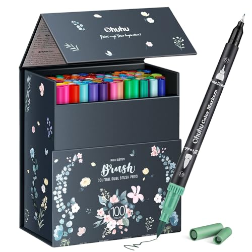 Ohuhu Markers for Adult Coloring Books No bleeding 100 Colors Coloring Markers Water-based Dual Tips Fineliner & Brush Drawing Pens Art Markers for Kids Adults Sketch Journal - Maui - Black - 100 Colors