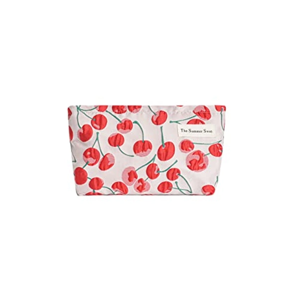 The Summer Swan | Large Aesthetic Makeup Bag | Floral Makeup Bag | Mid-day Clutch | Period Kit Bag | Hygiene Bag | Skincare Bag | Cute Makeup Bag (Classic Red Cherry)