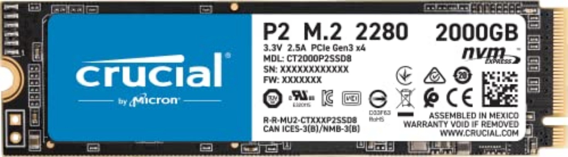 Crucial P2 2TB 3D NAND NVMe PCIe M.2 SSD Up to 2400MB/s - CT2000P2SSD8 - 2 TB