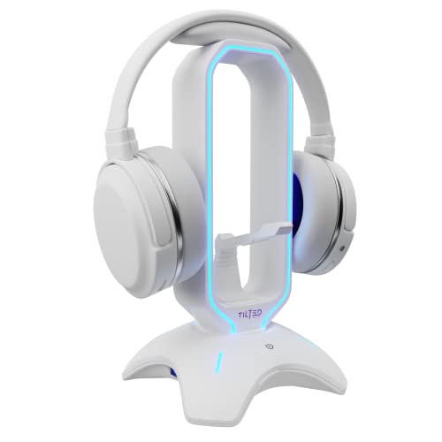 Tilted Nation RGB Headset Stand - 3 in 1 Gaming Headphone Stand for Desk with Mouse Bungee and 2 Port USB 3.0 Hub Charger - The Ultimate Gaming Accessory and Gift for Gamer - RGB Headset Holder - White