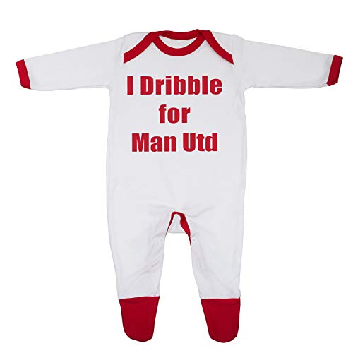 'I Dribble For Man Utd' Baby Boy Girl Sleepsuit Designed in the UK Using 100% Fine Combed Cotton - 0-3 Months - White/Red Trim