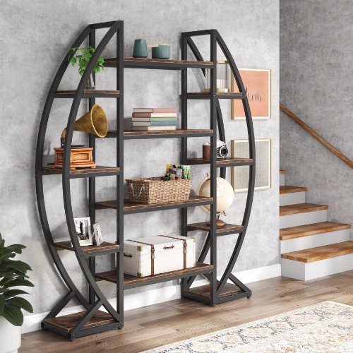 Tribesigns Bookshelf, Oval Triple Wide 5 Tiers Etagere Bookcases, Industrial Display Shelves for Living Room, Rustic Brown, Brown - Brown