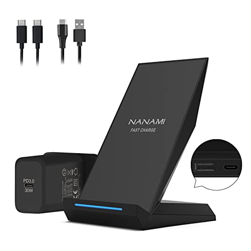 NANAMI Wireless Charger with 30W USB-C Charger - 15W Max Cordless Charging Stand for Samsung Galaxy S23 Ultra S22 S21 S20 S10 S9 S8, 2-in-1 Qi Fast Contact Charger for iPhone 15 14 13 12 11 X 8 Plus 8 - Black