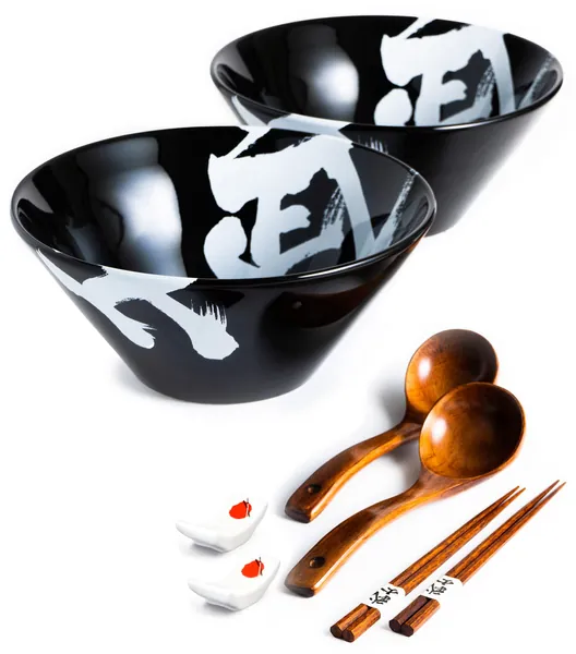 BICETTO Ceramic Japanese Ramen Bowl Set, 60oz Large Ramen Bowls with Chopsticks, Spoons and Chopstick Rests – Bowl for Ramen, Pho, Salad, Poke, Soup, Udon – Minimalist Design, Premium Quality, Black - Samurai Black