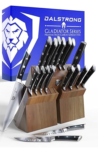 DALSTRONG Gladiator Series Elite - 18 Piece Stainless Steel Knife Set with Block - High Carbon German Steel - Acacia Wood Block - Knife Set w/Black Handles - NSF Certified - Black
