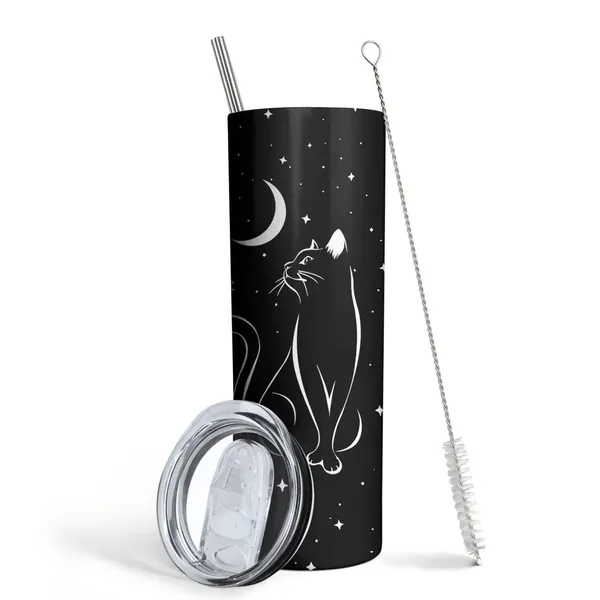 Cat Tumbler,Goth Tumbler,Witchy Halloween Gifts for Women,Black Cat Mug,Black Cat Gifts,Goth Gifts,Cat Cup Coffee Mug-Black Tumbler with Straw and Lid - Black Cat Print