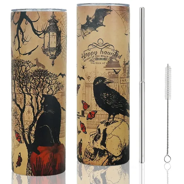 Halloween Tumbler with Lid and Straw, Halloween cup Gift for Women Men Adults, Halloween Coffee Mug/Water Bottle/Cup, Witch Travel Cup, Halloween Mugs Vintage, Spooky Themed Tumbler with Lid and Straw - Vintage Halloween Tumbler