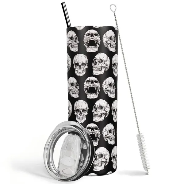 Skull Tumbler with Lid and Straw Goth Tumbler Skull Coffee Mug, 20 oz Halloween Gothic Tumbler Water bottle Cup , Goth Travel Mugs, Skull Decor Gifts - Skull