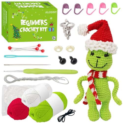 ALODNY Grinchs Crochet Kit for Beginners,Beginner Crochet Kit for Adults,Knitting Kits Hooks Yarn Set with Step-by-Step Video Tutorials - Green