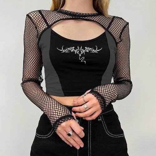 'Long Night' Black Top with Fishnet Sleeves and Front Goth 00's Style - Black / S