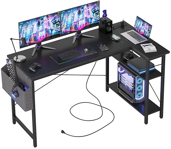 BEXEVUE 55 Inch L Shaped Computer Desk with Power Outlets, Modern Minimalist Black Gaming Desk for Home Office - 55 Inch - Black