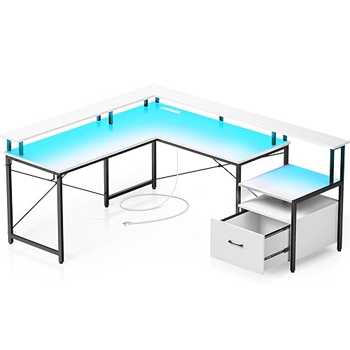 Rolanstar Computer Desk with File Drawer, 64" L Shaped Desk with Power Outlet & LED Strip, L Shaped Computer Corner Desk with File Cabinet, Gaming Desk with Monitor Shelf, Home Office Desk, White - White