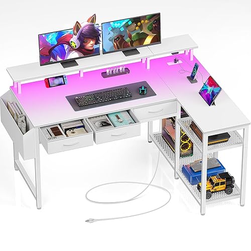 Seventable L Shaped Computer Desk with Drawers, 47 inch Office Desk with Power Outlets & LED Lights, Reversible Gaming Desk with Storage Shelves, Corner Desk with Monitor Stand for Home Office, White - White