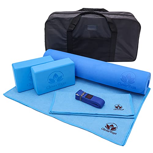 Clever Yoga Set - Complete Beginners 7-Piece Yoga Kit Includes 6mm Thick Yoga Mat, 2 Yoga Blocks, Yoga Strap, Mat Towel, Hand Towel and Carrying Bag for Women and Men - Blue