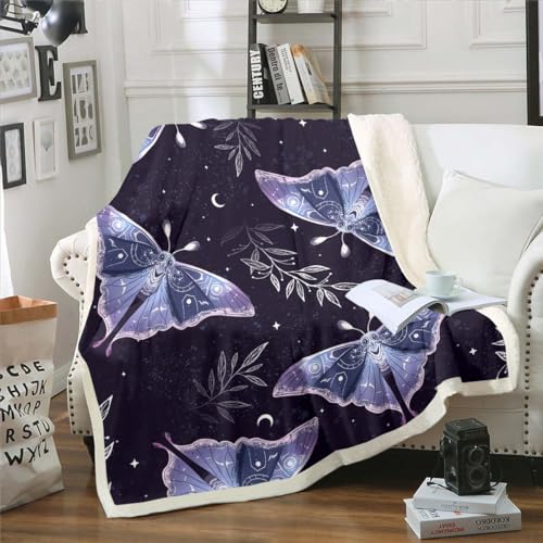 Gothic Moth Travel Blanket Purple Butterfly Fleece Blanket Glitter Stars Moon Blanket Queen Size Botanical Leaves Throw Blanket for Sofa Starry Night with Butterflies Decorations Plush Blanket,Black - Butterfly 10 - Queen