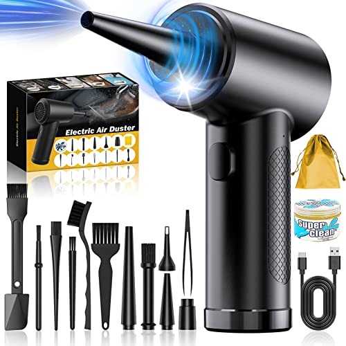 Compressed Air Duster, 99000RPM Computer Duster Cleaning Kit with 15pcs Acces&Led Light, Rechargeable Cordless Portable Air Blower with 3 Speed Instead Canned Air, Powerful Electric Air Duster 8200mAh - C4915