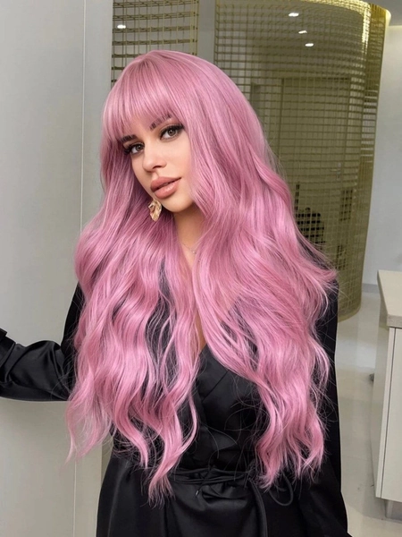 Great quality natural long pink curly wig with bangs