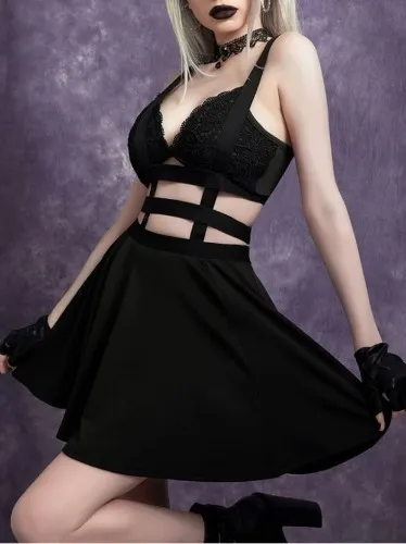 Gothic Cut Out Contrast Tape Pinafore Skirt