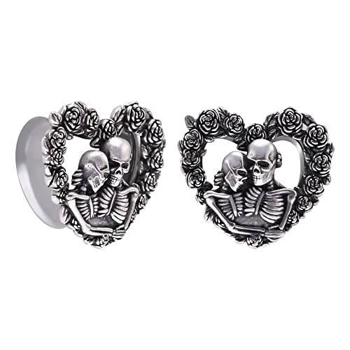 COOEAR Heart Ear Plugs Stainless Steel Tunnels Flared Shape Gauges Skull Stretcher Expander Earrings Size 0g to 1 inch. - 0g(8mm)