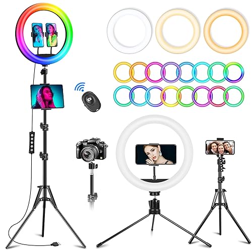 12.3" RGB Ring Light with Tripod and Phone Holders, LED Selfie Ring Light with Tablet Holder, Circle Lights with Stand, Halo Ring Light for TikTok/Live Stream/Makeup/YouTube - 12.3 inch ring light