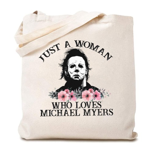 Just A Woman Who Loves Michael Myers Flowers Halloween Shoulder Bag Scary Movie Cotton Reusable Tote Bag - Beige