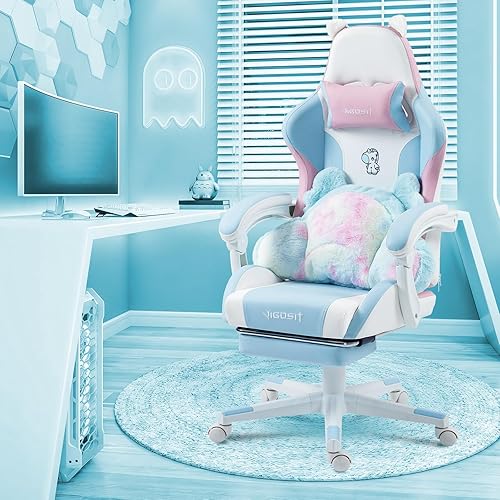 Vigosit Gaming Chair Cute with Ears and Kawaii Cushion, Ergonomic Computer Game Chair for Girl with Lumbar Support and Footrest, Comfortable Reclining PC Gamer Chair for Teen (Unicorn Blue Pink) - Unicorn Blue Pink