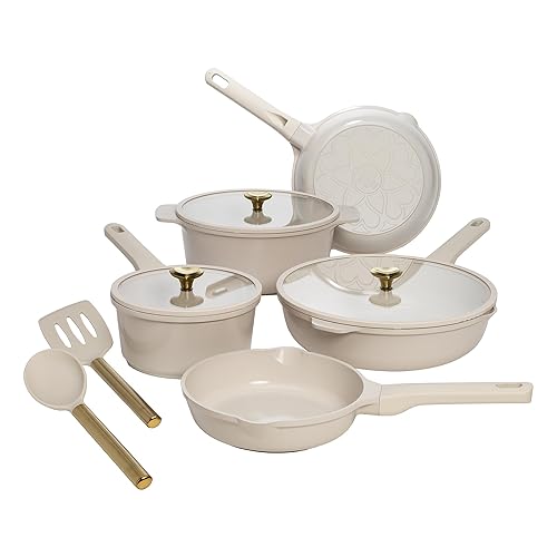 Paris Hilton Ceramic Nonstick Cookware Set, Cast Aluminum with Dual Layer Nonstick Coating, Gold Heart Knobs, Stay-Cool Handles, Made without PFAS, PFOA, PFOS & PTFE, Dishwasher Safe, 10-Piece, Cream - 10-Piece - Cream