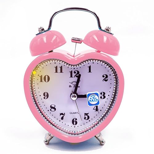 Monique Students Seniors 3in Twin Bell Loud Alarm ,Silent Analog Quartz Nightlight Clock Battery Operated for Heavy Sleepers Heart Shape Pink