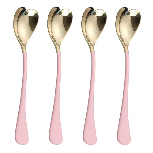 HISSF 4 Pieces Dessert Spoons, Pink Heart Shaped Spoons, 6.7 inches,18/10 Stainless Steel Spoon Set, Ice Cream Spoons - 4pc- 6.7in-pink