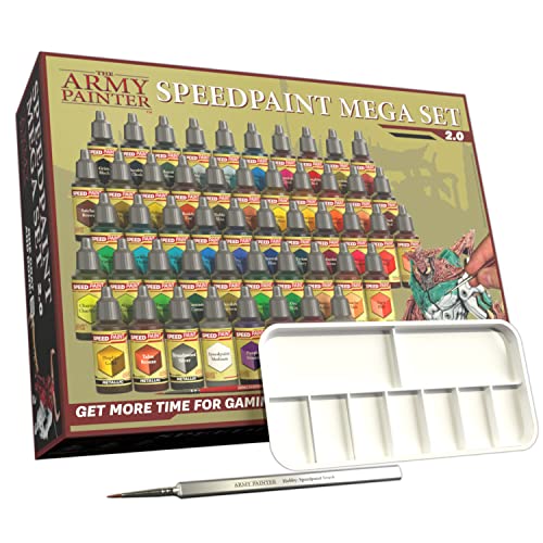 The Army Painter Speedpaint Mega Set 2.0+ - 50x18ml Speedpaint Set with 42 Colors, 3 Metallics, Medium, Mixing Balls, Brush, Guide