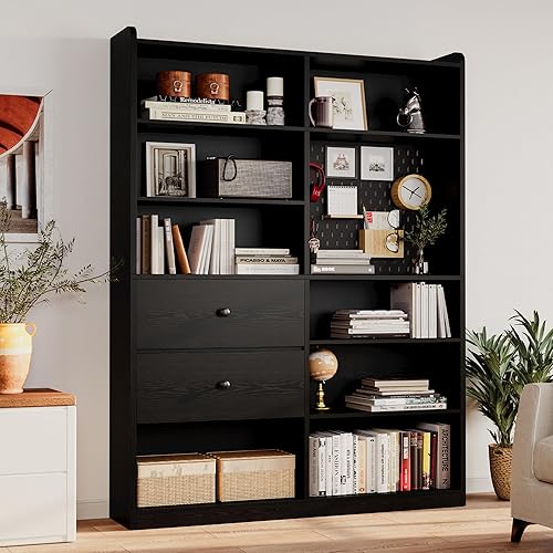IRONCK Bookshelf and Bookcase with Pegboard and Deep Drawer, 79" H x 55" W 8 Cubby Display Book Shelves, Modern Wide Wood Etagere Shelving Unit for Living Room, Black - Black