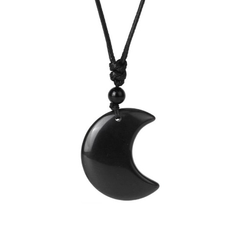 Crescent Moon Crystal Necklace Natural Stone Pendant - Black Obsidian