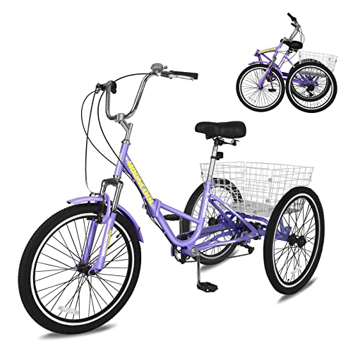 Slsy Adult Folding Tricycles, 7 Speed Folding Adult Trikes, 20 24 26 Inch 3 Wheel Bikes with Low Step-Through, Foldable Tricycle for Adults, Women, Men, Seniors. - Grape Soda - 20" Tire 7-Speed