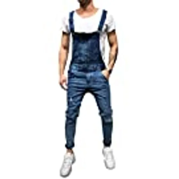 LONGBIDA Men's Denim Bib Overalls Fashion Slim Fit Jumpsuit with Pockets