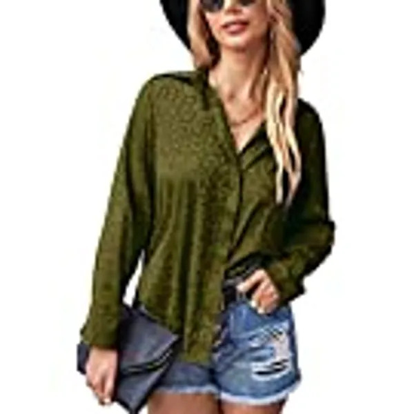 ECOWISH Womens Casual Tops V Neck Leopard Tunic Long Sleeve Button Down Shirts Top