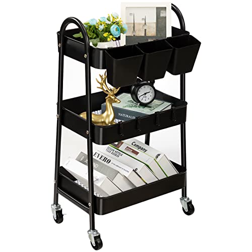 danpinera 3-Tier Rolling Cart, Metal Rolling Storage Cart with Lockable Wheels & Hanging Cups & Hooks, Mobile Trolley Cart for Kitchen, Bathroom, Office, Workshop, Black - Black