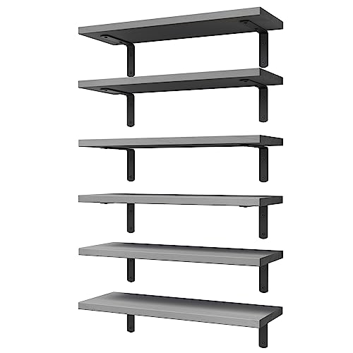 WOPITUES Floating Shelves Set of 6, Rustic Farmhouse Wood Shelves for Wall Decor, Bathroom Shelves, Book Shelves for Living Room-Grey - 16.5 Inch - Grey