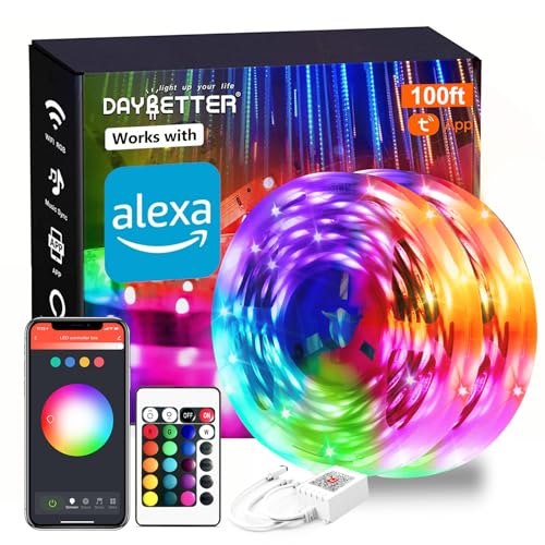 DAYBETTER Smart WiFi Led Lights 100ft, Tuya App Controlled Led Strip Lights, Work with Alexa and Google Assistant, Timer Schedule , Color Changing Led Lights for Bedroom Party Kitchen - 100ft