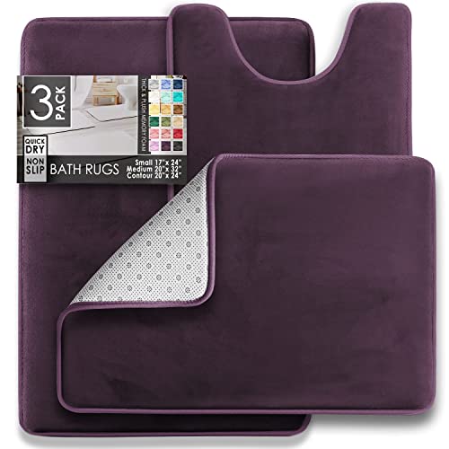 Clara Clark 3 Piece Bathroom Rugs Bath Mat Set, Velvet Memory Foam Bath Mats for Bathroom - Non-Slip, PVC Backing Bath Rugs, Washable Bathroom Rug Mats - Dries Quickly, Purple Bathroom Rug Set - Solid - 3 Piece Set - Dark Purple