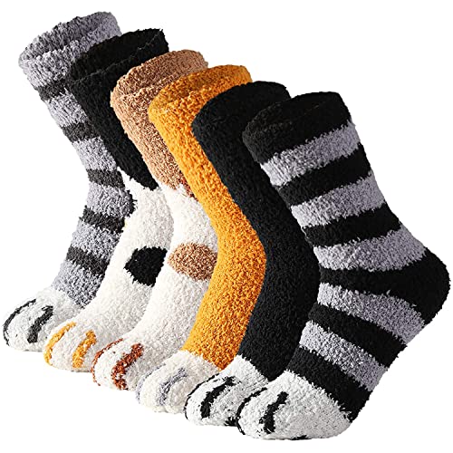 Sunny Socks 6 Pairs Cat Paw Fluffy Socks – Thermal Warm Funny Novelty Socks for Women | Winter Multipack Cat Gifts for Women | Cute Animal Socks for Girls and Ladies | Comfortable and Cozy Cat Socks